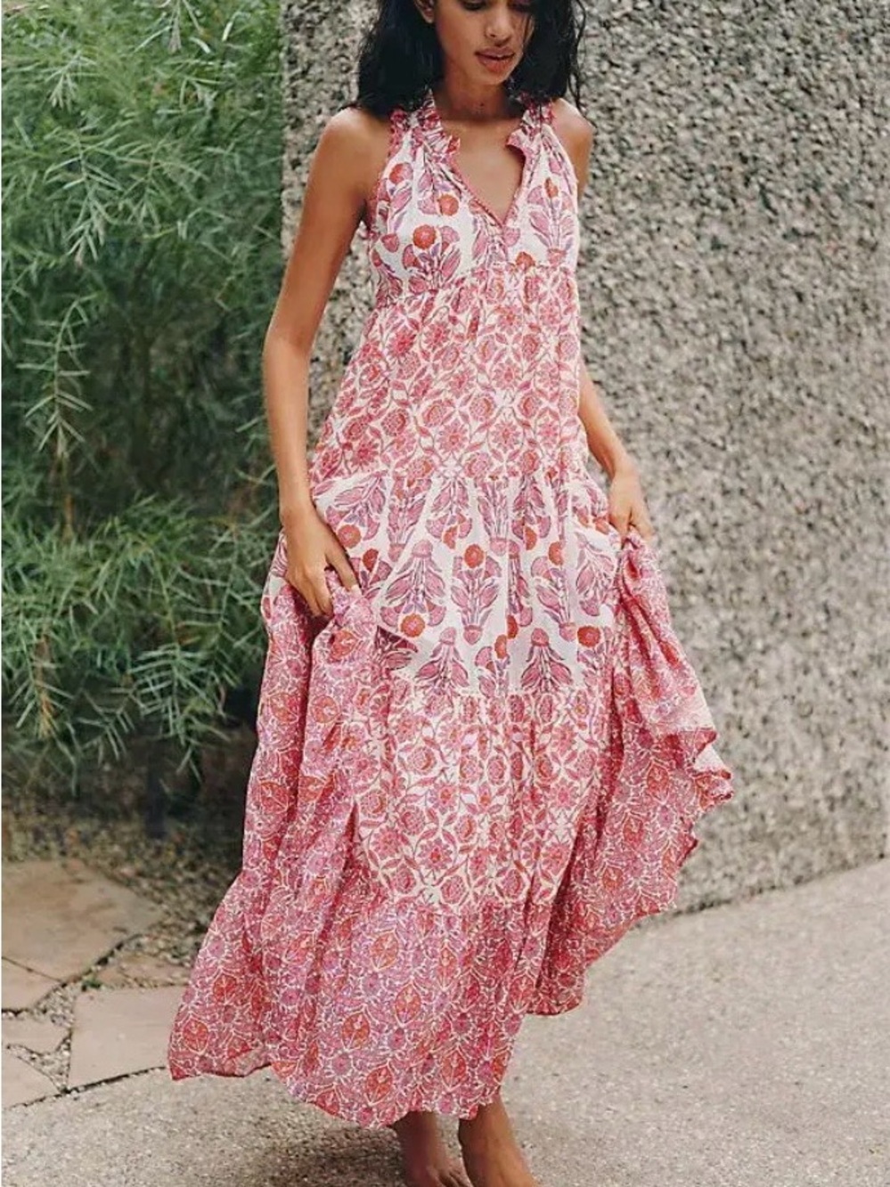 RO’S Garden Sofia Tiered Floral Sleeveless Maxi Dress Small Tassels Summer Flowy